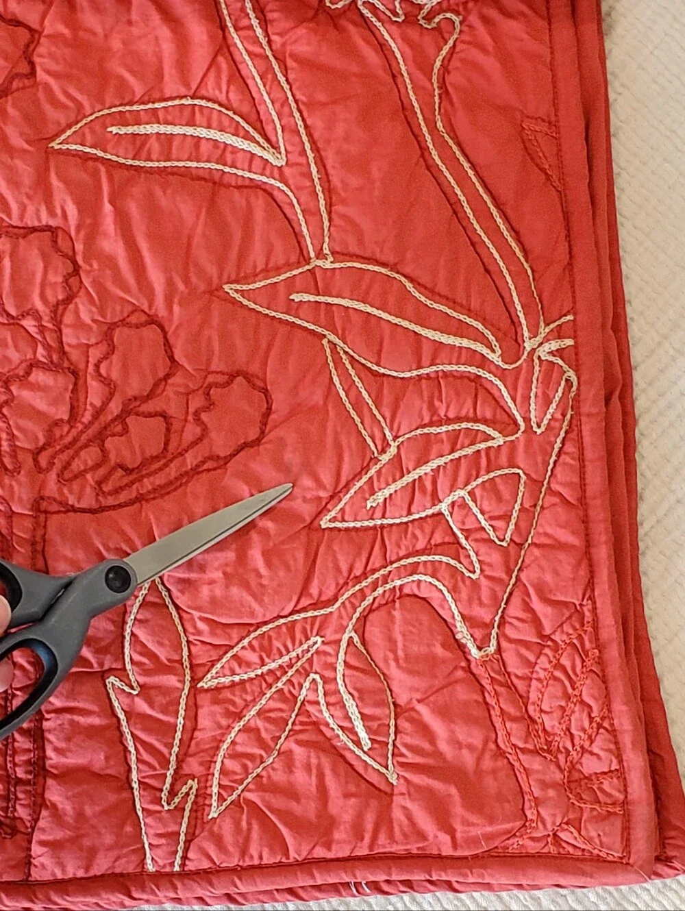 3 Pottery Barn Brick/Tan Organic Cotton Crewel Leaf Botanical Quilted Euro Shams